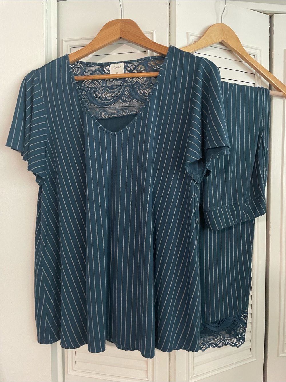 SOMA Cool Nights Teal Striped/Lace Pajamas